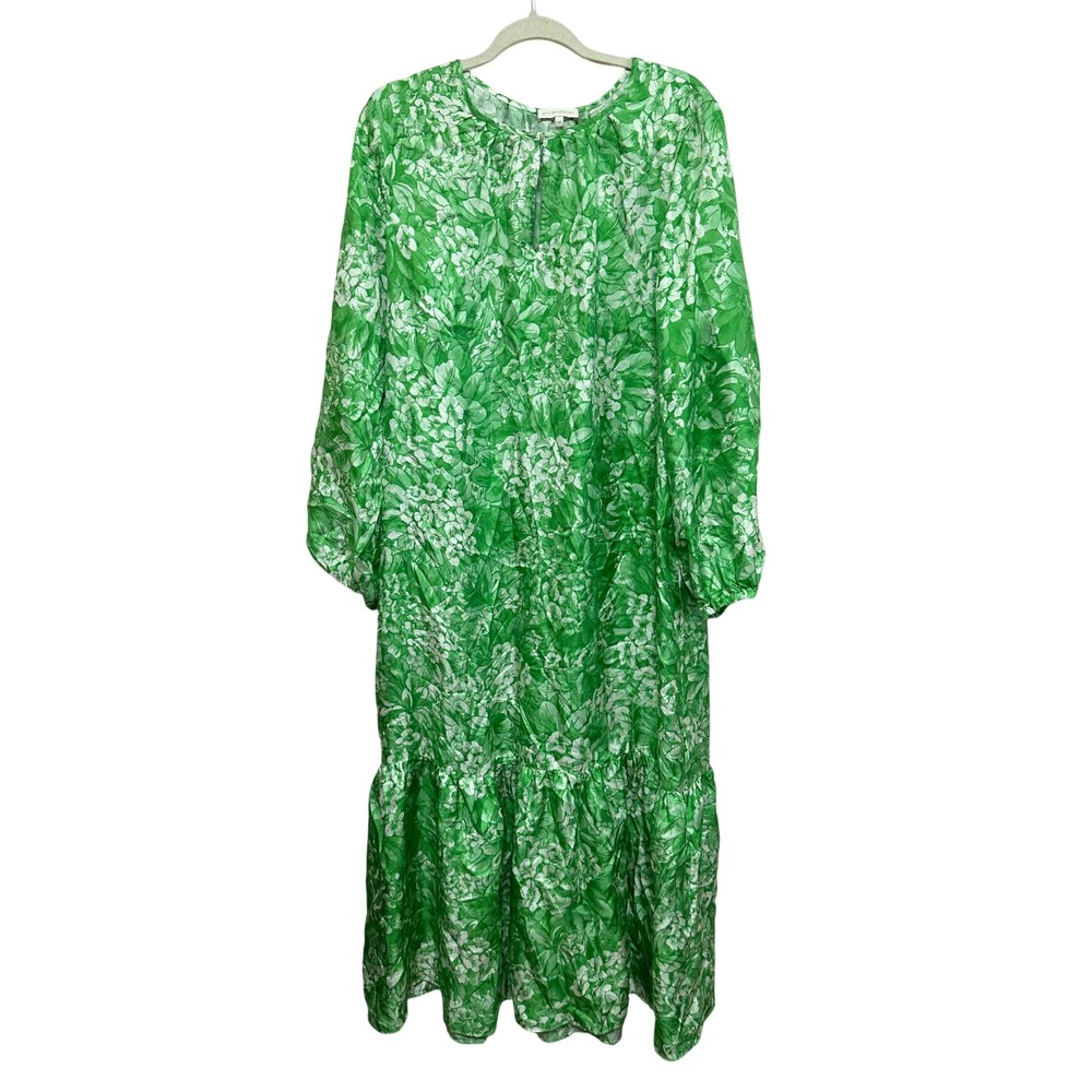 Ann Mashburn Green Floral 100% Silk Maxi Dress Long Sleeve Pockets Size M S60602